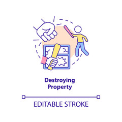 Destroying property concept icon. Warning sign of teenager mental issues abstract idea thin line illustration. Isolated outline drawing. Editable stroke. Arial, Myriad Pro-Bold fonts used