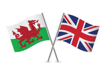 Wales and Britain crossed flags. Welsh and British flags, isolated on white background. Vector icon set. Vector illustration. - obrazy, fototapety, plakaty