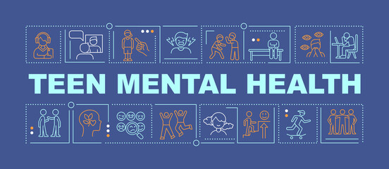 Adolescent mental health and wellbeing word concepts dark blue banner. Infographics with icons on color background. Isolated typography. Vector illustration with text. Arial-Black font used