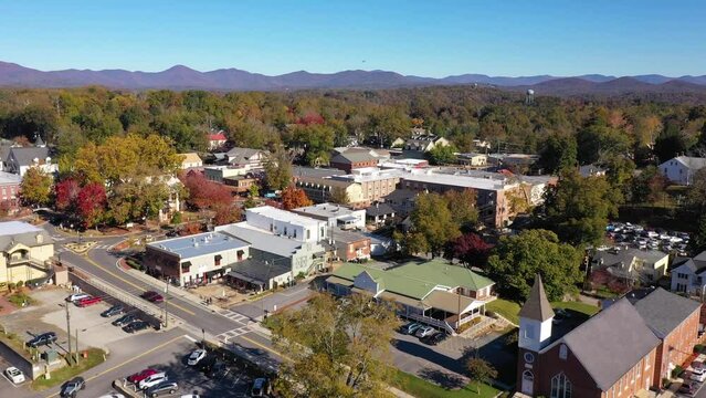 Nice aerial establishing shot of Blue Ridge Mountain Appalachian town of Dahlonega, Georgia.