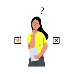 The girl is thinking with piece of paper over the answer. The concept of the problem of choice, solution. Color vector illustration, flat style. White isolated background.