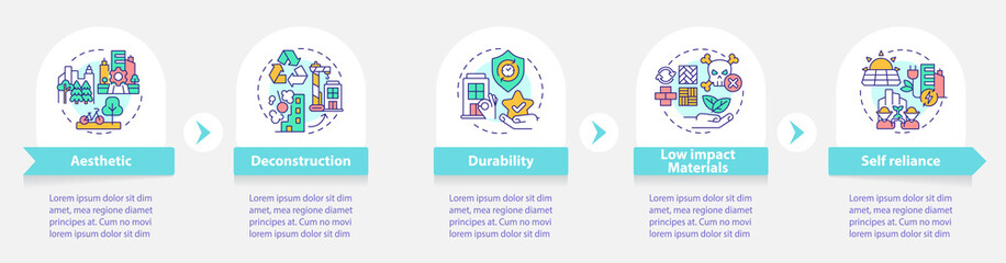 Sustainable city design round infographic template. Urban planning. Data visualization with 5 steps. Process timeline info chart. Workflow layout with line icons. Myriad Pro-Bold, Regular fonts used