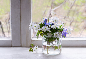 bouquet of snowdrops on window sill