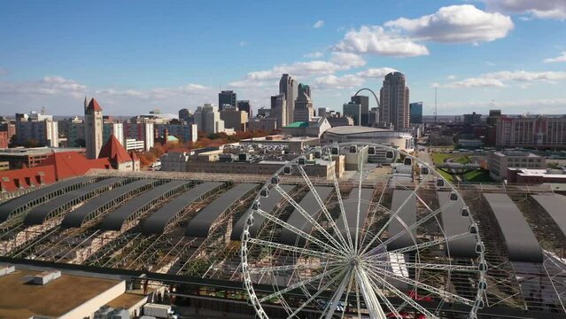 Nice aerial over downtown St. Louis Missouri with ferris wheel foreground.