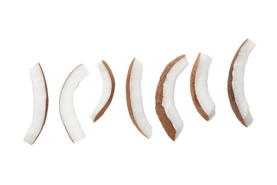 Coconut pieces isolated on a white background.