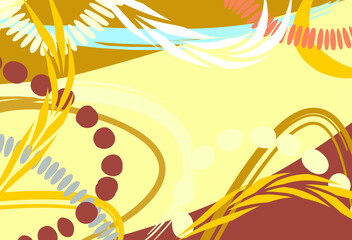 Abstract background. Hand-drawn various figures and doodles. Brown and yellow shades. Modern trendy vector illustrations. Autumn chaotic background with abstract spikelets