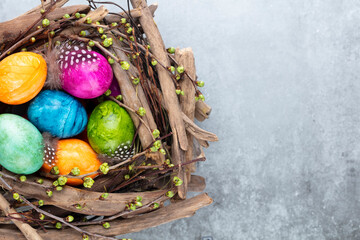 Easter eggs in the nest. Easter greeting card.