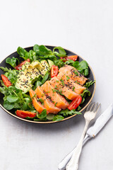 Salmon fish fillet with fresh salad, avocado top view.