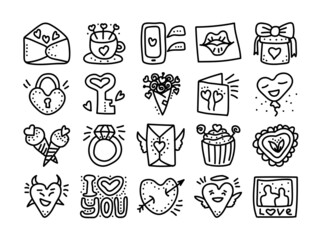Set of hand drawn Valentines day Doodle vector icons. Valentine day Love Hearts, mug, flowers, cupcakes, drinks, letters, balloons, lock, messages icons