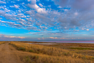 Obraz premium Sasyk Sivash salt lake with pink water.