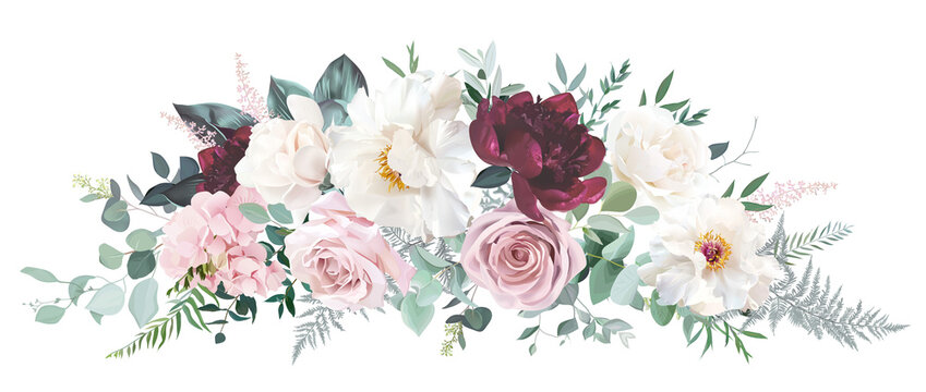 Burgundy red peony, white magnolia, dusty pink rose and hydrangea, astilbe flower