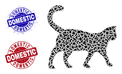 Round DOMESTIC scratched seals with caption inside round shapes, and shatter mosaic cat icon. Blue and red stamp seals includes DOMESTIC title. Cat mosaic icon of detritus elements.