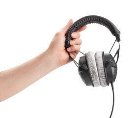 headphones in hand path isolated on white