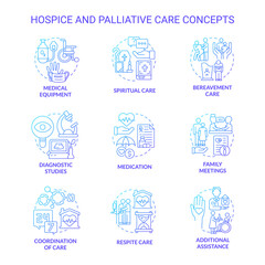 Hospice and palliative care blue gradient concept icons set. Patient service. Medicine and healthcare idea thin line color illustrations. Isolated symbols. Roboto-Medium, Myriad Pro-Bold fonts used - obrazy, fototapety, plakaty
