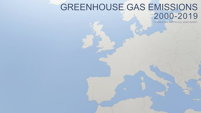 Greenhouse gas emissions in France from 2000 to 2019. Values in tonnes per capita (CO2 equivalent). Source data: Eurostat. 3D rendering loop able video with 4K resolution.