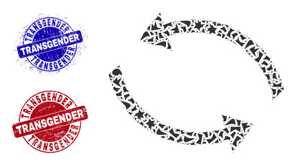 Round TRANSGENDER rubber watermarks with caption inside round shapes, and debris mosaic exchange arrows icon. Blue and red stamp seals includes TRANSGENDER caption.