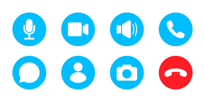 Video call icons set. Video conference. Collections buttons of online video chat app, internet talk, call technology. Web app ui display template. Videoconferencing.
