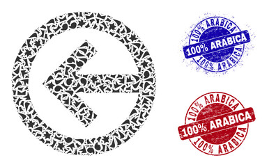 Round 100% ARABICA grunge stamp imitations with tag inside round shapes, and debris mosaic direction left icon. Blue and red stamp seals includes 100% ARABICA text.