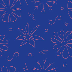 Pink contour flowers pattern on blue background 
