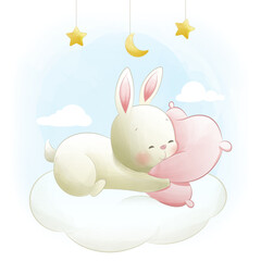 Obraz na płótnie Canvas Baby bunny hugging pillow sleeping on cloud watercolor illustration