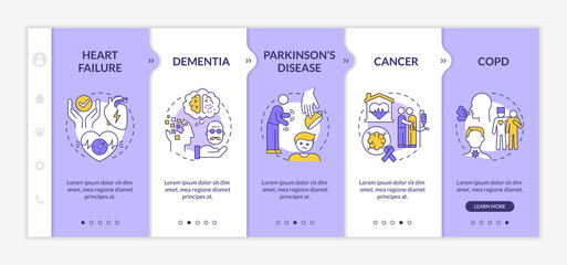 Fototapeta na wymiar Illnesses to ask for palliative care purple and white onboarding template. Responsive mobile website with linear concept icons. Web page walkthrough 5 step screens. Lato-Bold, Regular fonts used