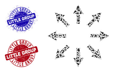 Round LITTLE GROUP dirty stamp seals with text inside round shapes, and shard mosaic radial arrows icon. Blue and red seals includes LITTLE GROUP tag. Radial arrows mosaic icon of shards particles.