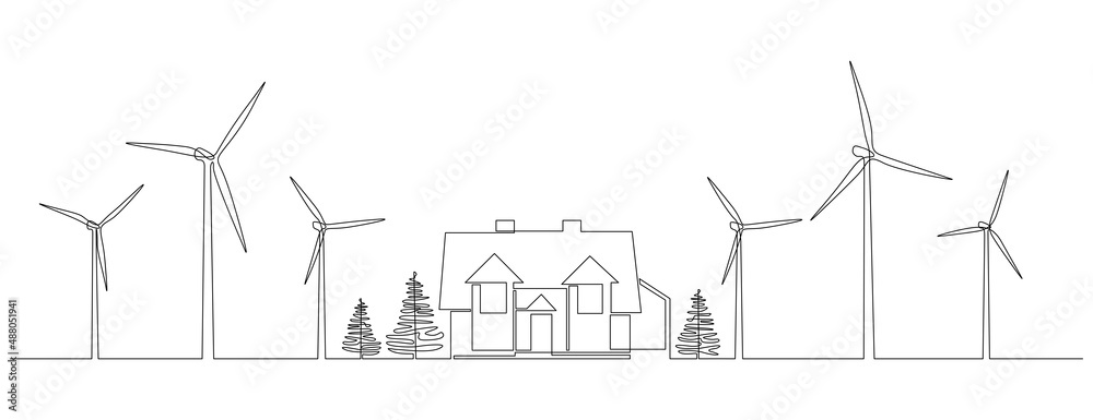 Poster wind farm turbines and windmill with family house in one continuous line drawing. green energy and r
