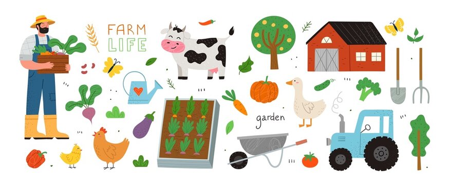 Colorful Farming and Gardening set. Bright stickers with agricultural animal, tractor, harvest, farmer and vegetable, barn, tree and shovel. Cartoon flat vector collection isolated on white background