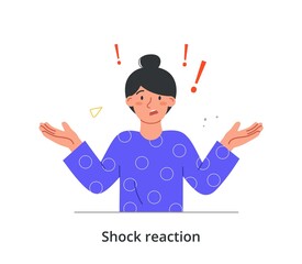 Shock and surprise reactions abstract concept. Young confused woman throws up her hands, asks questions and worries. Expression of negative emotions or pessimism. Cartoon flat vector illustration