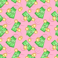 Cartoon seamless pattern with three-dimensional green banknotes and golden metallic coins. Wrapping paper, wallpaper or web background concept with cash in bundle, stack, piles on pink background.