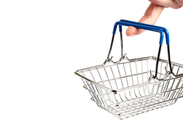 Small shopping basket on the finger of a woman's hand isolated on white background. Shopping concept. Copy space