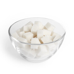 Sugar cubes in glass bowl isolated on white background