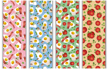 Collection of 4 seamless patterns with fried eggs, herbs (parsley) and fresh tomato slices. Pink, blue, green and yellow wallpapers, background or wrapping papers with yolk, vegetables, ham and leaves