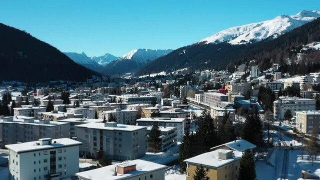 2022 - Excellent aerial view of a residential area in wintry Davos, Switzerland.