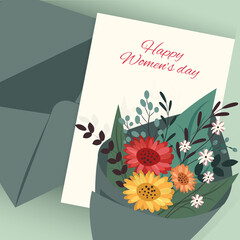 Women's Day greeting card. A bouquet of flowers on the background of a congratulatory letter.