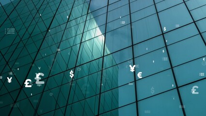 Business data analytic interface fly over smart city showing alteration future of business intelligence. Computer software and artificial intelligence are used to analyze big data for strategic plan .