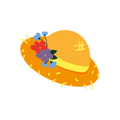 Vector straw hat with flowers. Сartoon style isolated on white background. Illustration in flat style.