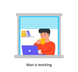 Person spending time at home near window concept. Young man drinks hot coffee and performs tasks on laptop. Remote work or home office. Cartoon modern flat vector illustration in doodle style