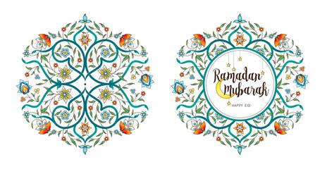 Vector Ramadan Mubarak card. Vintage floral banner with lanterns for Ramadan wishing. Arabic shining lamps, crescent. Decor in Eastern style