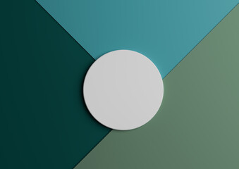 White circle stand or podium for product display. Top view 3D render of minimal colorful green, aqua, turquoise and blue paper composition background with copy space
