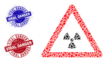 Round VIRAL DANGER grunge badges with caption inside round shapes, and shard mosaic radioactivity warning icon. Blue and red stamp seals includes VIRAL DANGER caption.