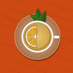 Cup of tea with slice of lemon and mint icon illustration isolated on red background
