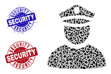 Round SECURITY rough stamp seals with word inside round shapes, and fragment mosaic police man icon. Blue and red stamp seals includes SECURITY text. Police man collage icon of fragment items.