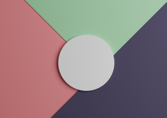 White circle stand or podium for product display. Top view 3D render of minimal colorful light green and pink, purple paper composition background with copy space