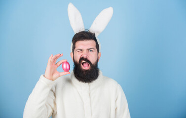 Easter bunny. Funny bunny with beard and mustache. Join celebration. Having fun. Grinning bearded...