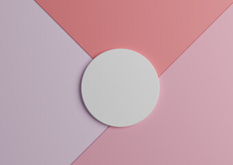 White circle stand or podium for product display. Top view 3D render of minimal colorful pastel light violet, purple and pink paper composition background with copy space