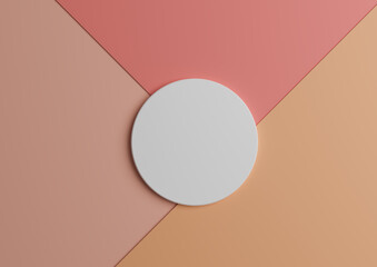 White circle stand or podium for product display. Top view 3D render of minimal colorful pastel light pink and orange paper composition background with copy space