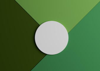 White circle stand or podium for product display. Top view 3D render of minimal colorful green paper composition background with copy space
