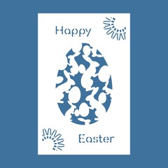 Greeting card Easter egg. Egg-shaped decoration with Easter bunnies. Vector illustration in paper style. Template for paper cutting, laser cutting, printing and woodcarving.