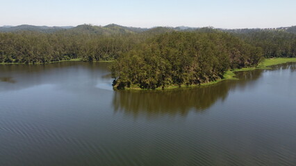 Aerial drone footage of ribeirão pires dam in brazil
